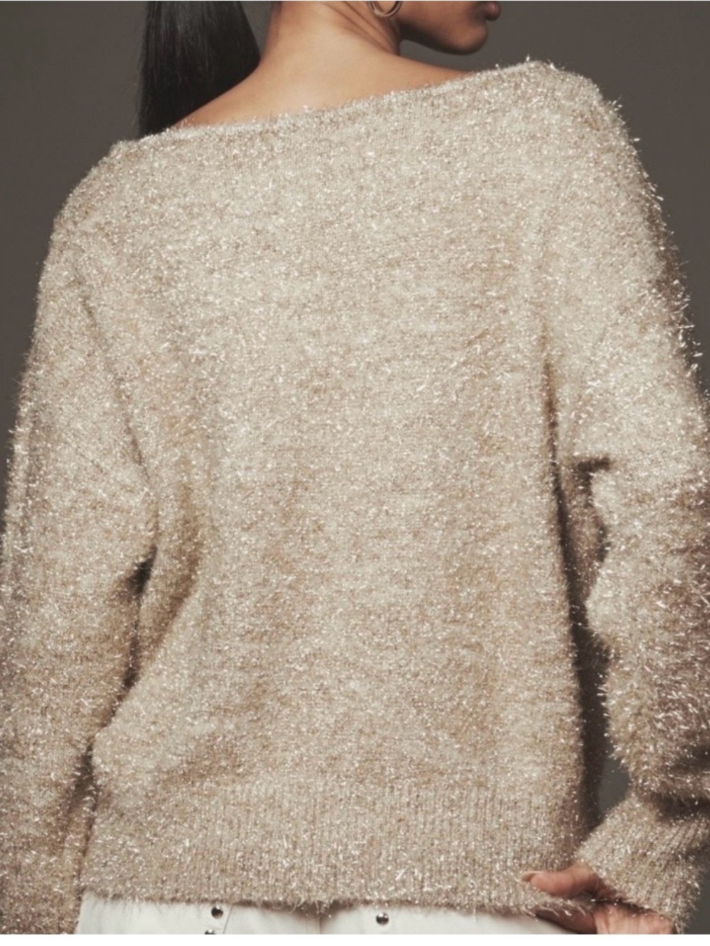 Anthropologie Sparkle Champagne Off-the-Shoulder Fuzzy Sweater - Picture 2 of 4